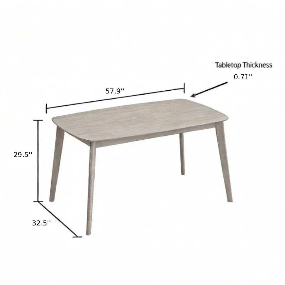 Scandinavian dining table dimension diagram showing 57.9 inch length 32.5 inch width 29.5 inch height and 0.71 inch tabletop thickness white-washed finish

