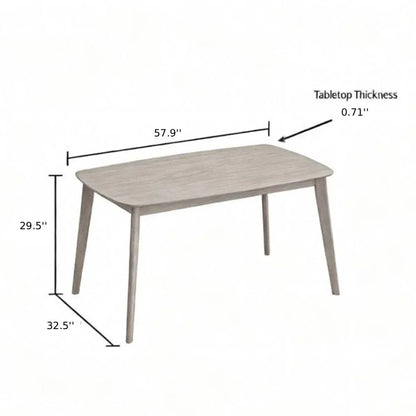 Scandinavian dining table dimension diagram showing 57.9 inch length 32.5 inch width 29.5 inch height and 0.71 inch tabletop thickness white-washed finish

