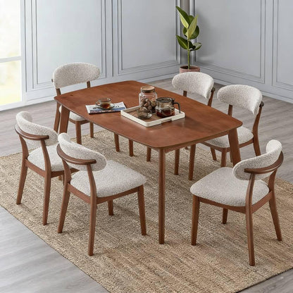 Cherry Scandinavian wood dining set with six bouclé upholstered chairs styled in a modern dining room with jute rug wood floors and indoor plant


