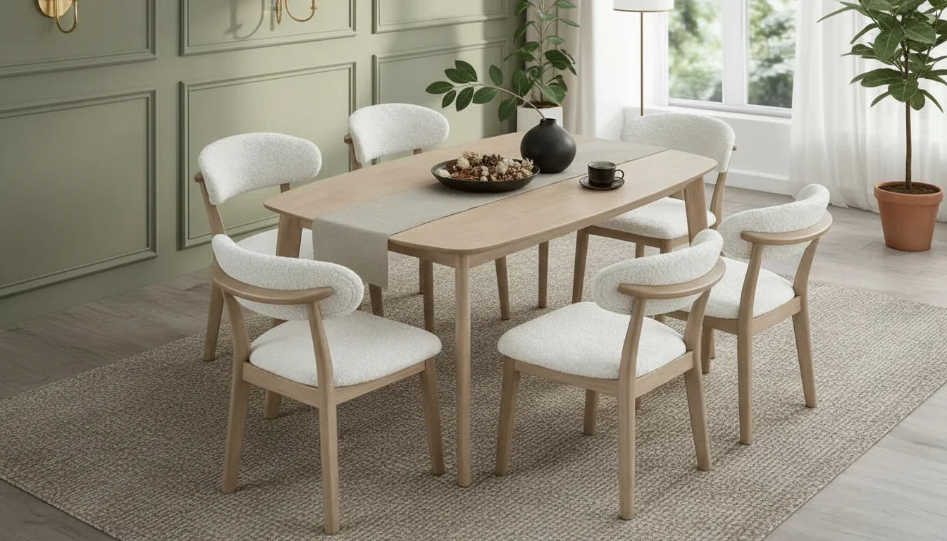White-washed Scandinavian wood dining set with six upholstered bouclé chairs styled in a sage green paneled dining room with natural light and indoor plants

