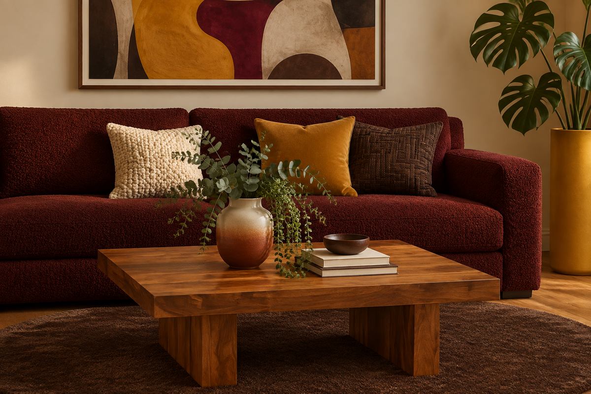 Solid seesham wood coffee table styled in a warm living room with a deep burgundy sofa, amber accent pillows, abstract wall art, and an ombre vase with eucalyptus