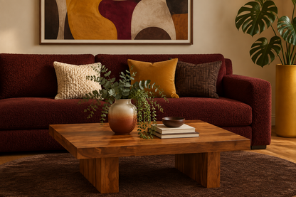 Solid seesham wood coffee table styled in a warm living room with a deep burgundy sofa, amber accent pillows, abstract wall art, and an ombre vase with eucalyptus
