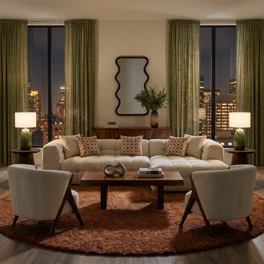 Warm-toned living room at night with a solid seesham wood coffee table centered between a cream sofa and two accent chairs, city lights visible through floor-to-ceiling windows