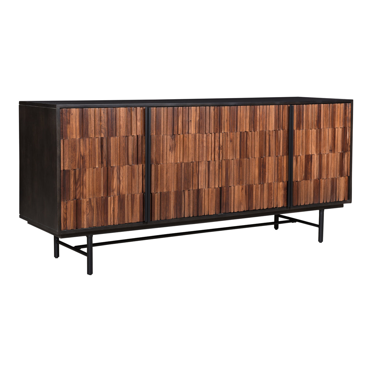 Angled view of the solid sheesham and mango wood sideboard showing textured brown doors, a dark side panel, and a black iron base on a white background.
