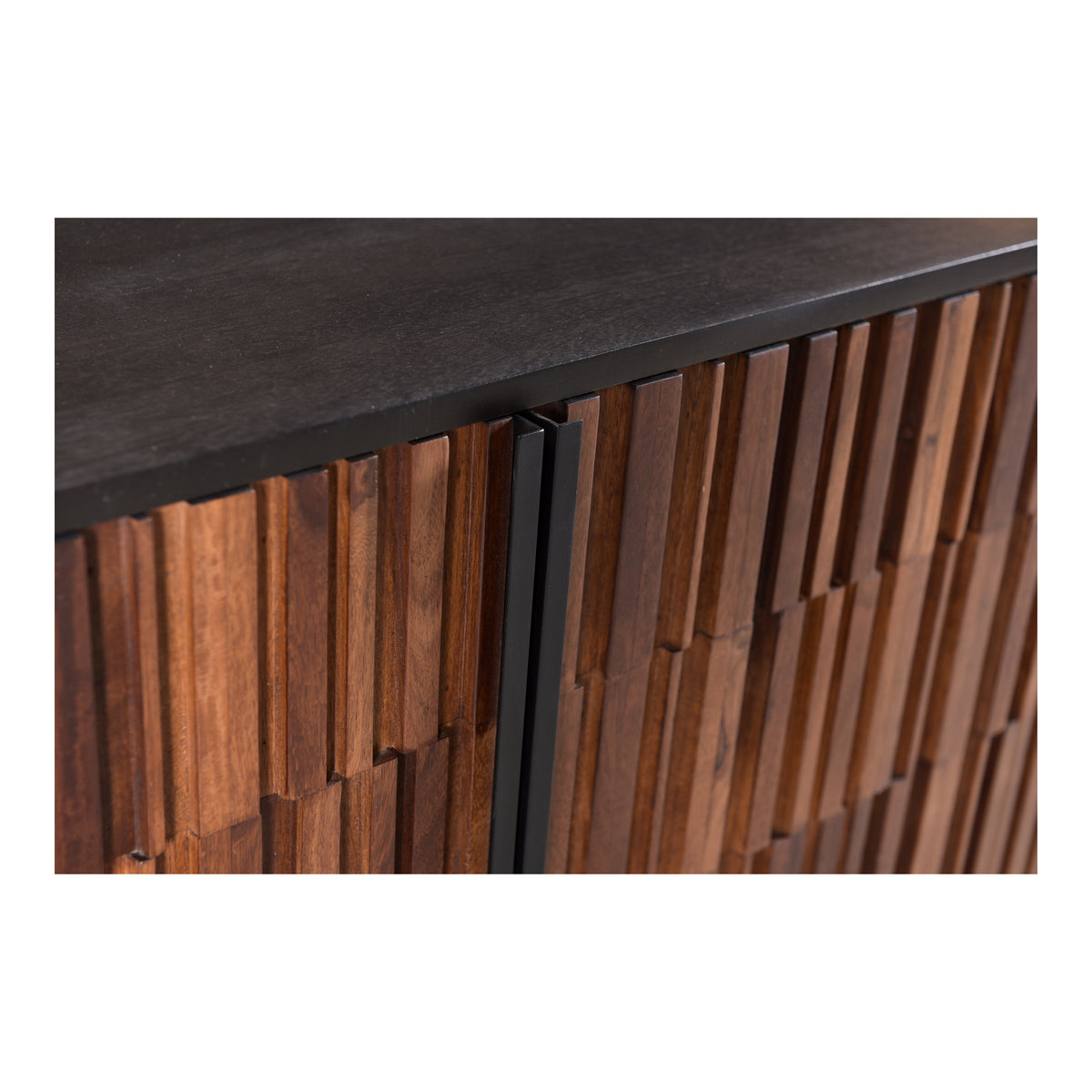 Close-up of the solid sheesham and mango wood sideboard showing raised brown wood strips, a slim dark door handle, and the dark tabletop edge.