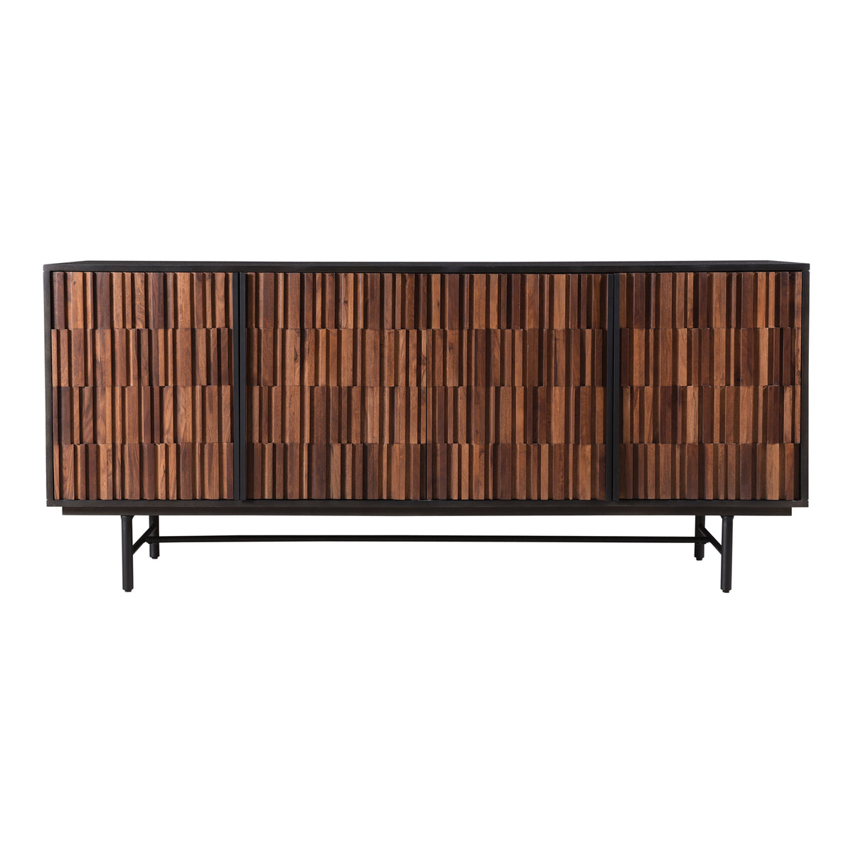 Front view of the solid sheesham and mango wood sideboard with textured brown doors, a dark frame, and a black iron base on a white background.