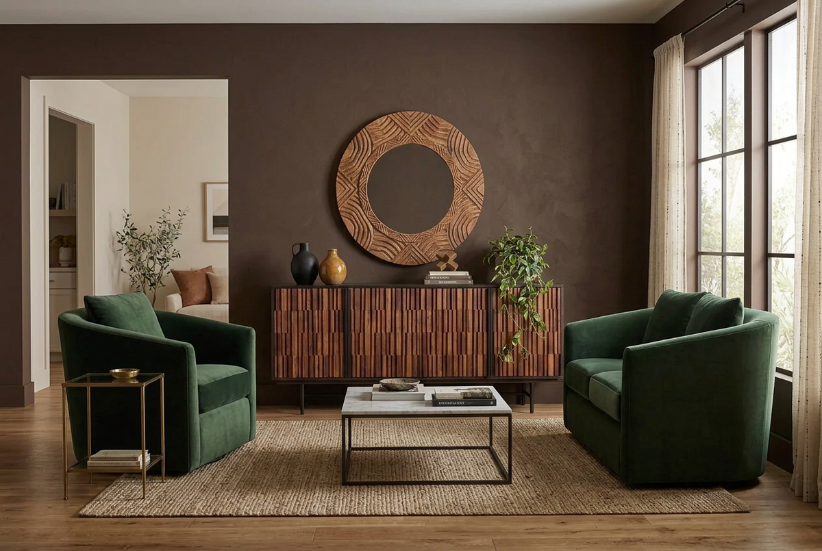 Brown solid sheesham and mango wood sideboard with textured doors and an iron base, styled beneath a round mirror between green armchairs.