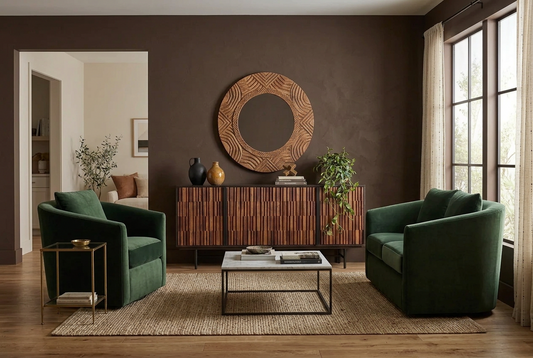 Brown solid sheesham and mango wood sideboard with textured doors and an iron base, styled beneath a round mirror between green armchairs.