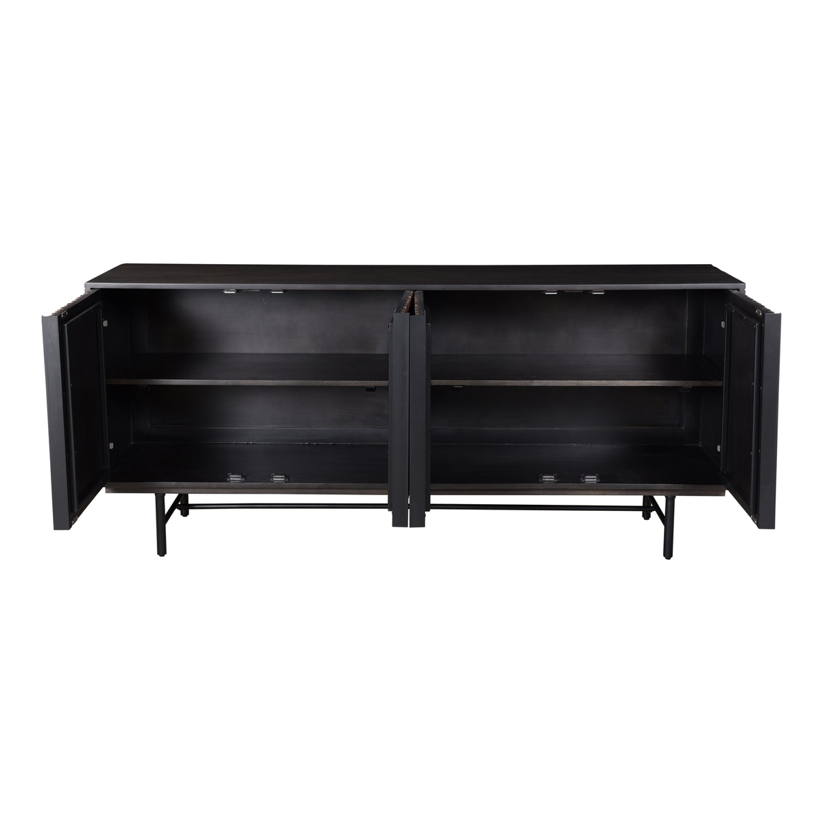 Solid sheesham and mango wood sideboard with doors open, showing two dark interior compartments with shelving and a black iron base on a white background.