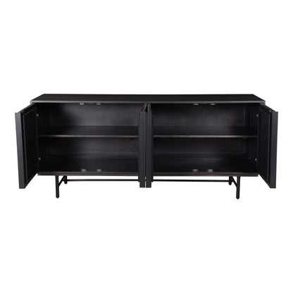 Solid sheesham and mango wood sideboard with doors open, showing two dark interior compartments with shelving and a black iron base on a white background.