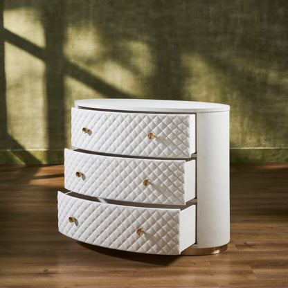 Harvard Quilted Three-Drawer Leather Chest white oval all three drawers open brass knobs gold base angled view dappled light green wall hardwood floor