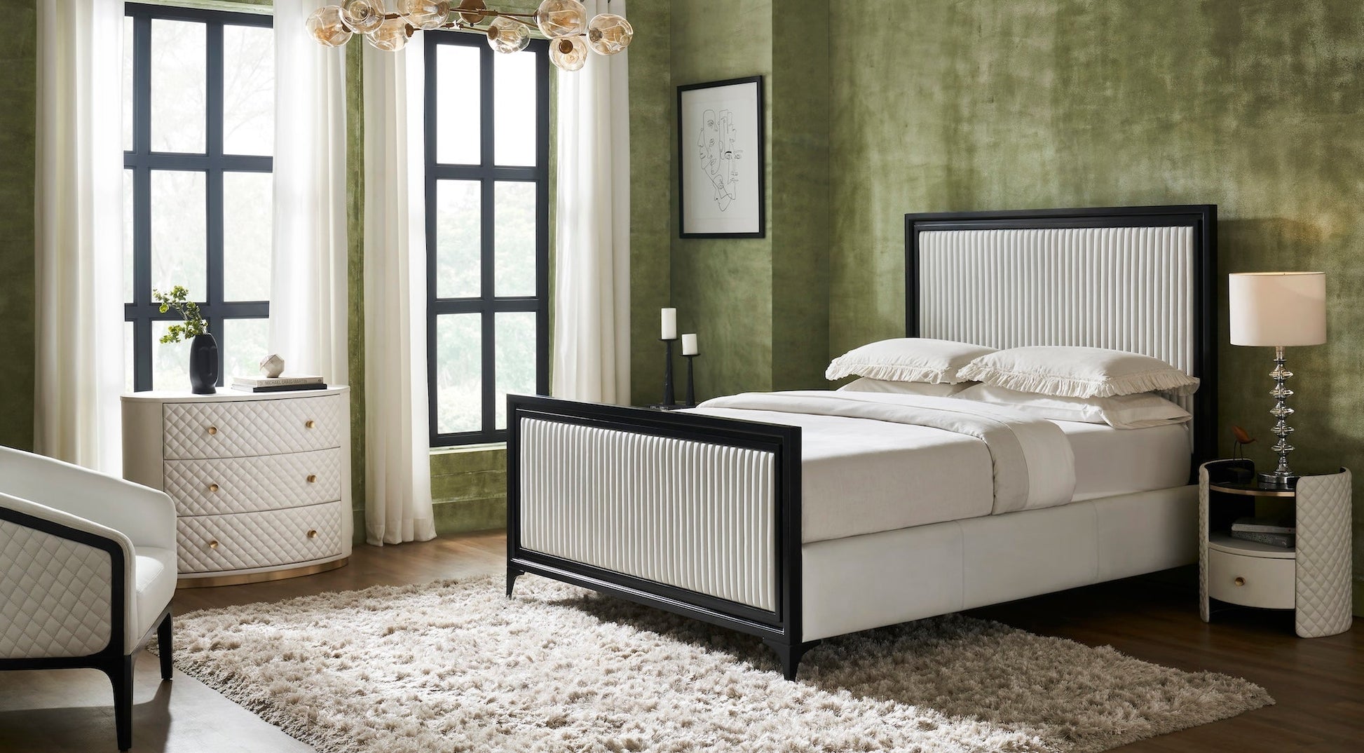 Harvard Quilted Three-Drawer Leather Chest white oval brass knobs styled full bedroom setting upholstered bed shag rug chandelier green wall large windows