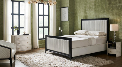 Harvard Quilted Three-Drawer Leather Chest white oval brass knobs styled full bedroom setting upholstered bed shag rug chandelier green wall large windows