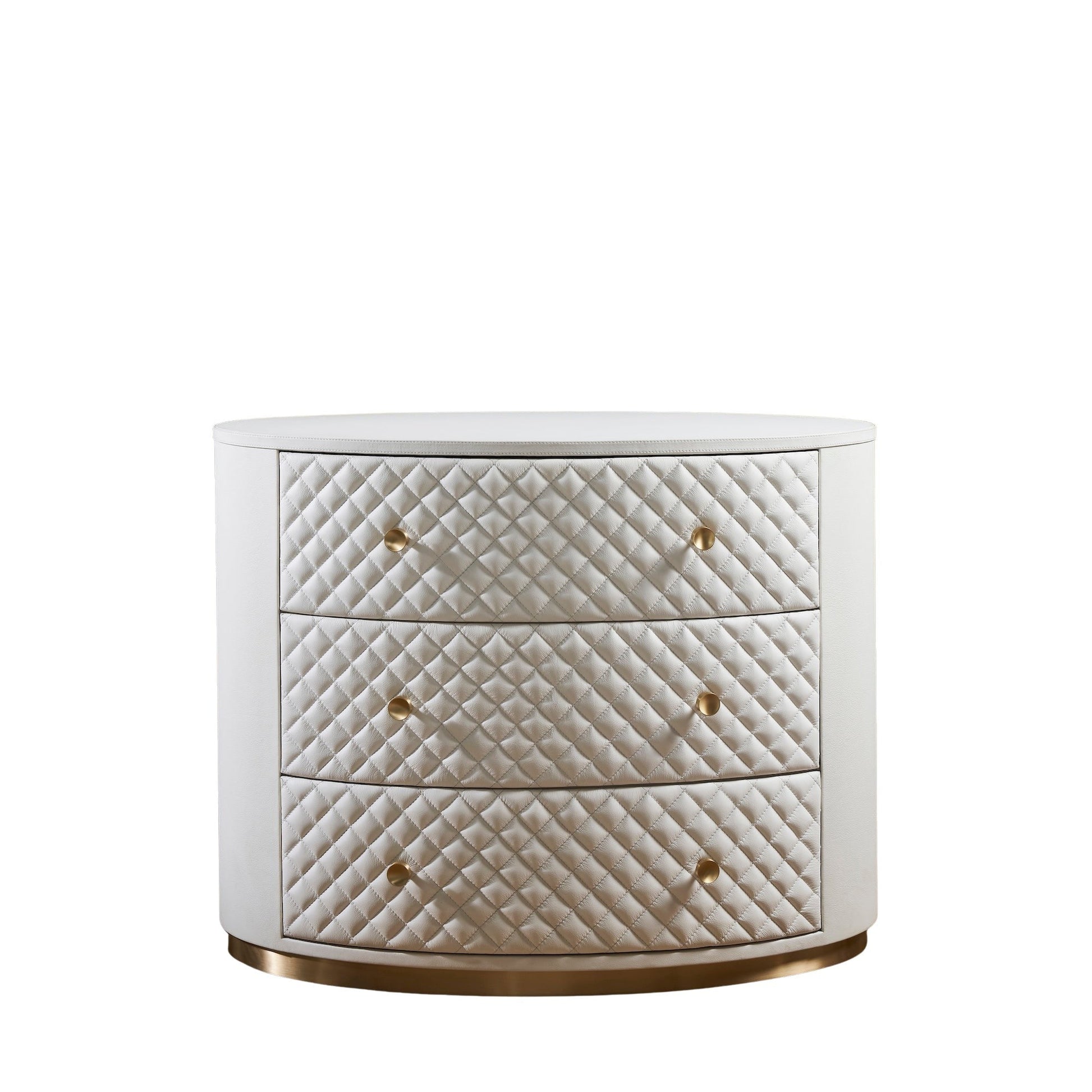 Harvard Quilted Three-Drawer Leather Chest white oval three drawers brass knobs gold base front view white background product shot