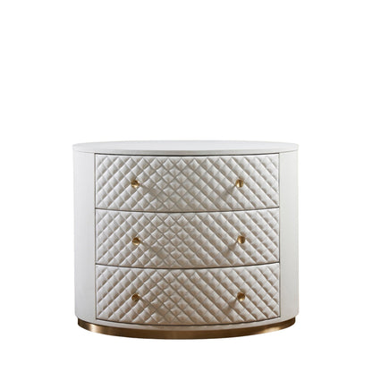 Harvard Quilted Three-Drawer Leather Chest white oval three drawers brass knobs gold base front view white background product shot
