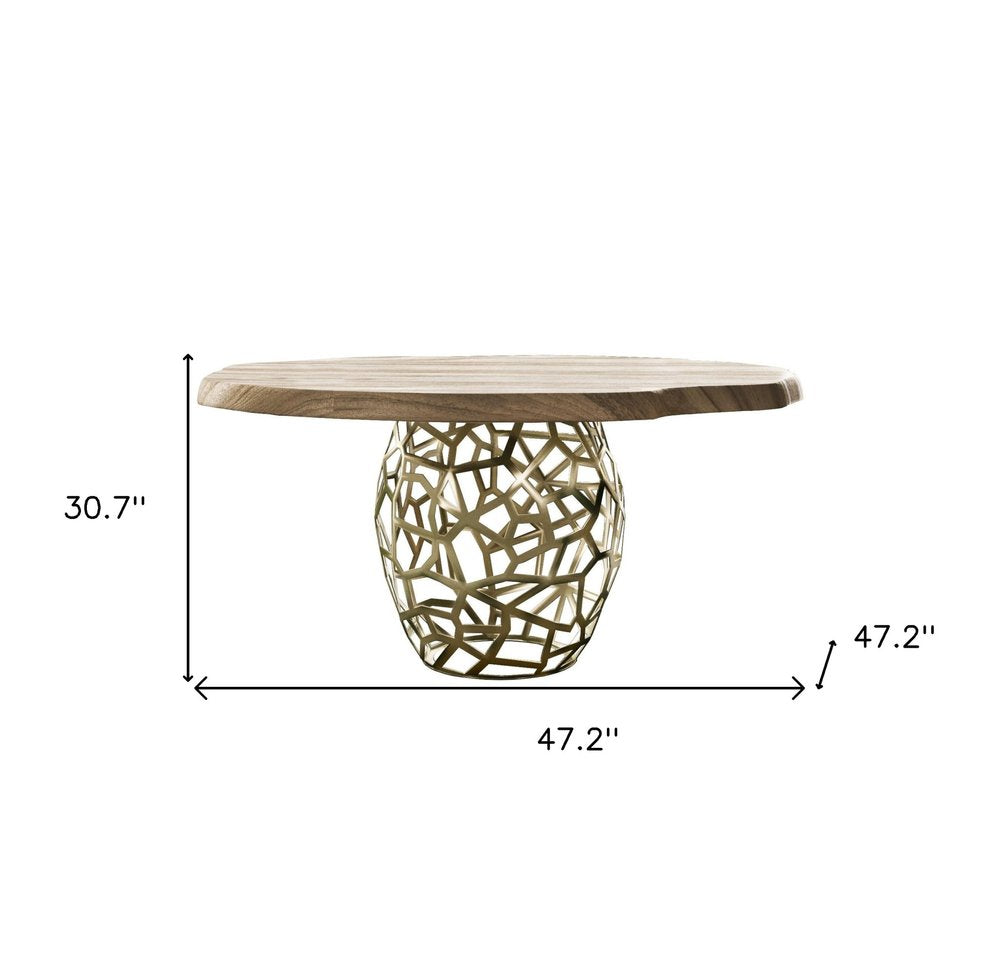 Acacia live edge dining table dimension diagram showing 30.7 inches high, 47.2 inches wide, and 47.2 inches deep.