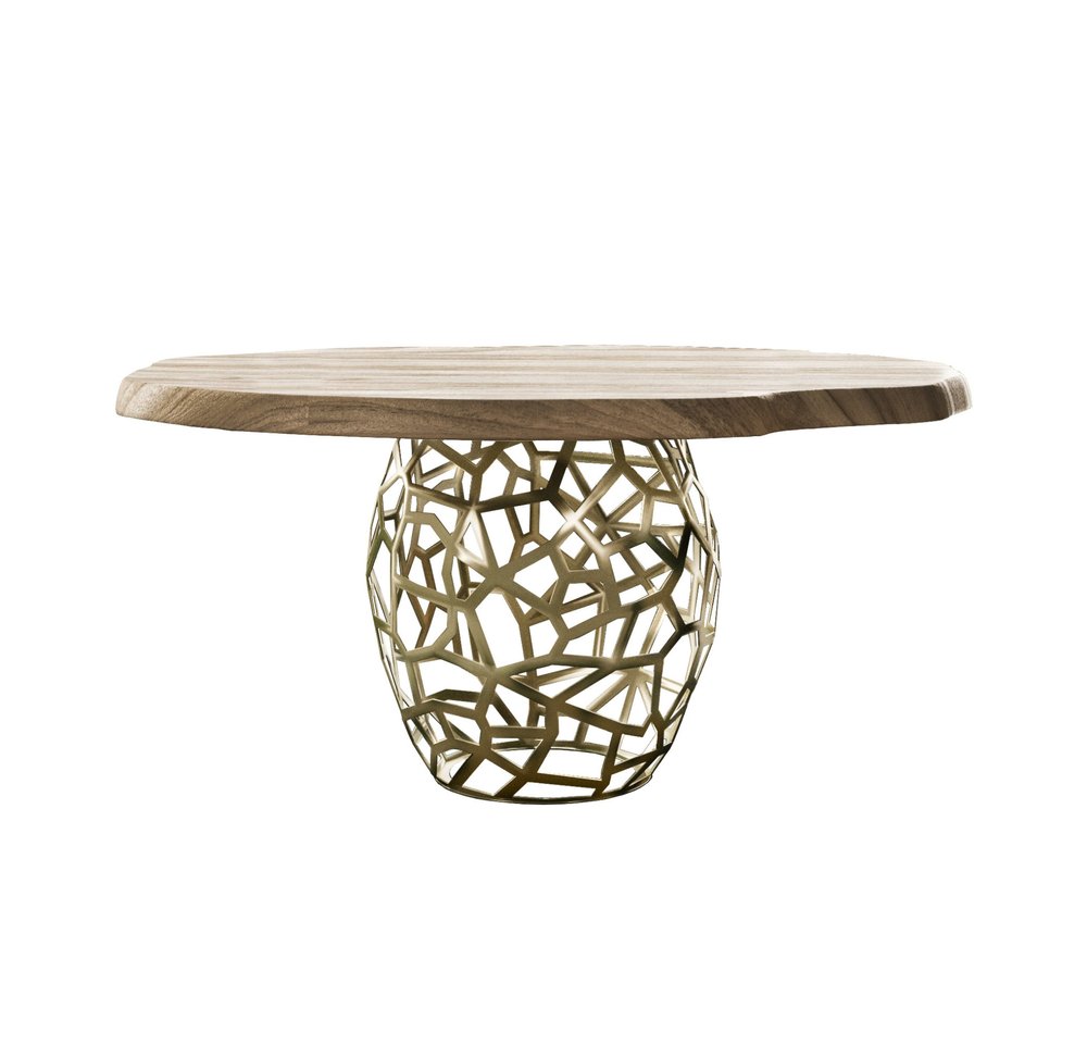 Acacia live edge dining table, front view showing the round wood top and openwork brass-finished steel pedestal against a white background.