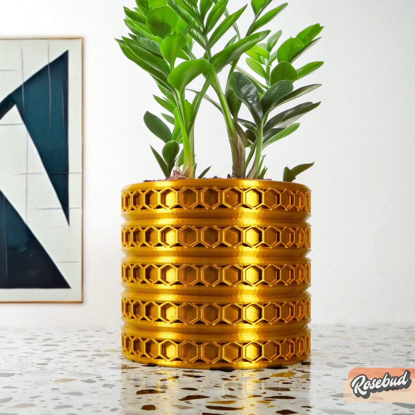Orion hexagonal plant pot in Gold, modern indoor planter with ZZ plant with abstract art on a white background