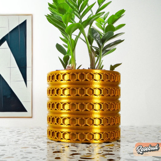 Orion hexagonal plant pot in Gold, modern indoor planter with ZZ plant with abstract art on a white background