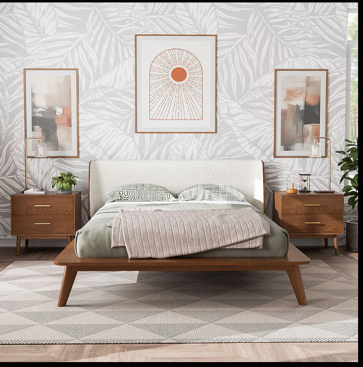 Beige Boucle Full Platform Bed with Walnut Finish
