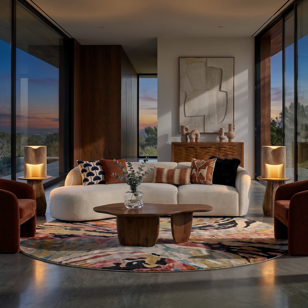Ivory boucle curved modular sectional styled in a luxury living room with a walnut coffee table, abstract area rug, and floor to ceiling windows at sunset