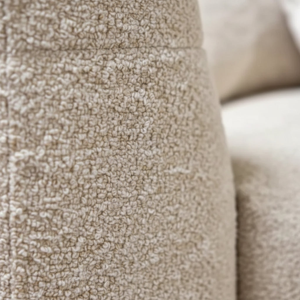 Ivory Boucle Sectional Sofa Close-Up Showing Loopy Textured Polyester Boucle Fabric Detail and Arm Edge | Fluent Trends