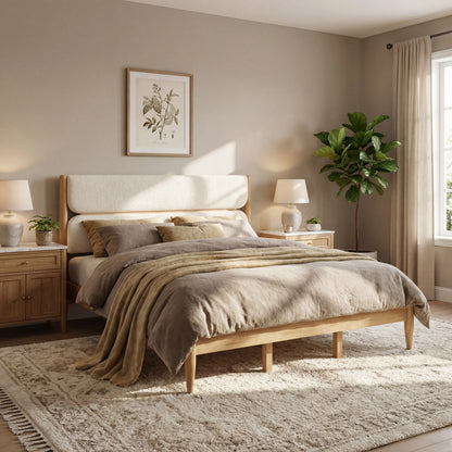 A luxurious King Ivory Fleece & Solid Wood Bed Frame featuring a dual-panel upholstered headboard and natural wood tapered legs in a sunlit modern bedroom.