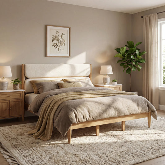 A luxurious King Ivory Fleece & Solid Wood Bed Frame featuring a dual-panel upholstered headboard and natural wood tapered legs in a sunlit modern bedroom.