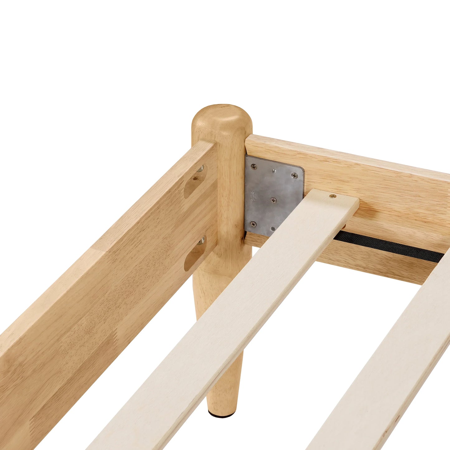  A high-definition close-up of the metal-to-wood joinery and bracket assembly on a Durable Rubberwood Frame, ensuring long-term structural integrity for this King Platform Bed.