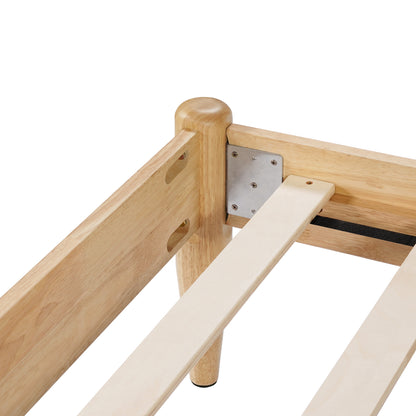 A high-angle internal view of a King Platform Bed showcasing the heavy-duty metal corner brackets, secure bolt hardware, and integrated wooden support slats on a Durable Rubberwood Frame. 