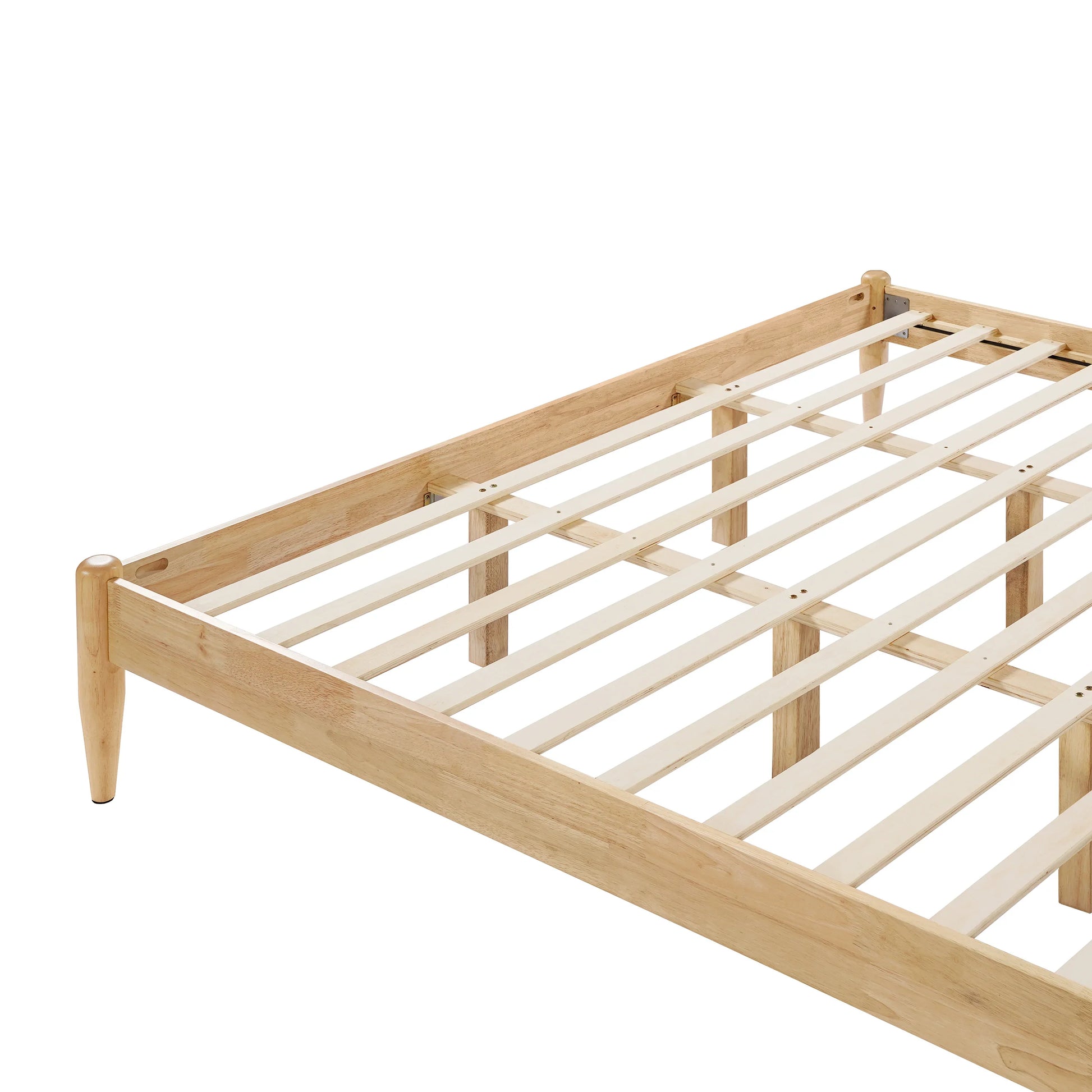  A perspective view of a Durable Rubberwood Frame for a King Platform Bed, highlighting the light natural wood finish and the comprehensive reinforced slat support system.