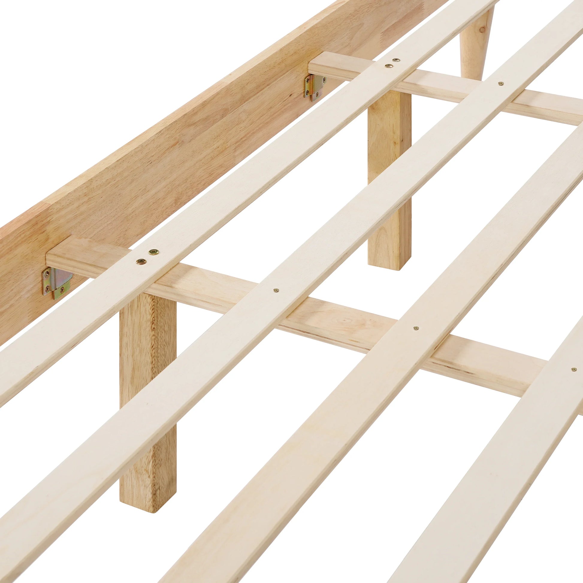  A high-angle close-up of a King Platform Bed featuring a Durable Rubberwood Frame with heavy-duty horizontal slats and reinforced center support legs for maximum stability.
