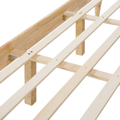  A high-angle close-up of a King Platform Bed featuring a Durable Rubberwood Frame with heavy-duty horizontal slats and reinforced center support legs for maximum stability.