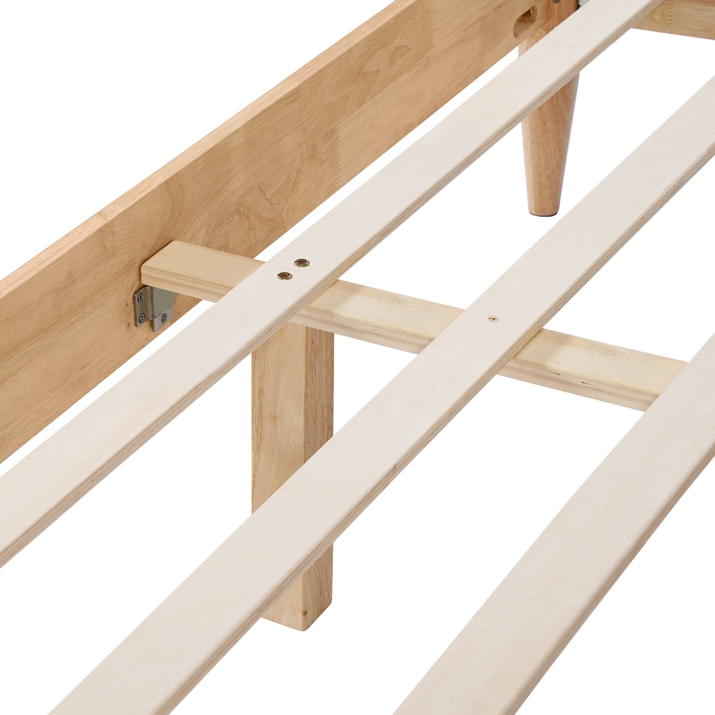 A high-resolution close-up of the integrated wooden slat system and vertical center support leg of a King Platform Bed, showing the robust structural integrity of the Durable Rubberwood Frame.