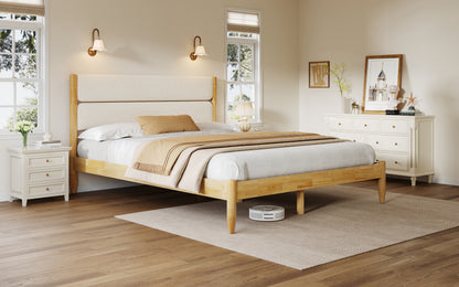 A lifestyle shot of the King Platform Bed in a modern bedroom, featuring the Ivory Fleece Furniture headboard and Durable Rubberwood Frame styled with neutral bedding and warm ambient lighting. 