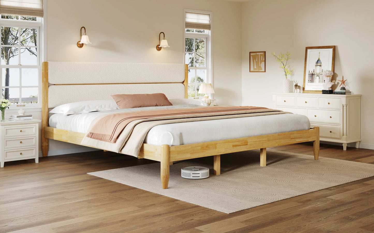 A bright, contemporary bedroom lifestyle scene featuring a King Platform Bed with a split-panel headboard in ivory fleece, surrounded by classic white furniture and warm wood flooring.