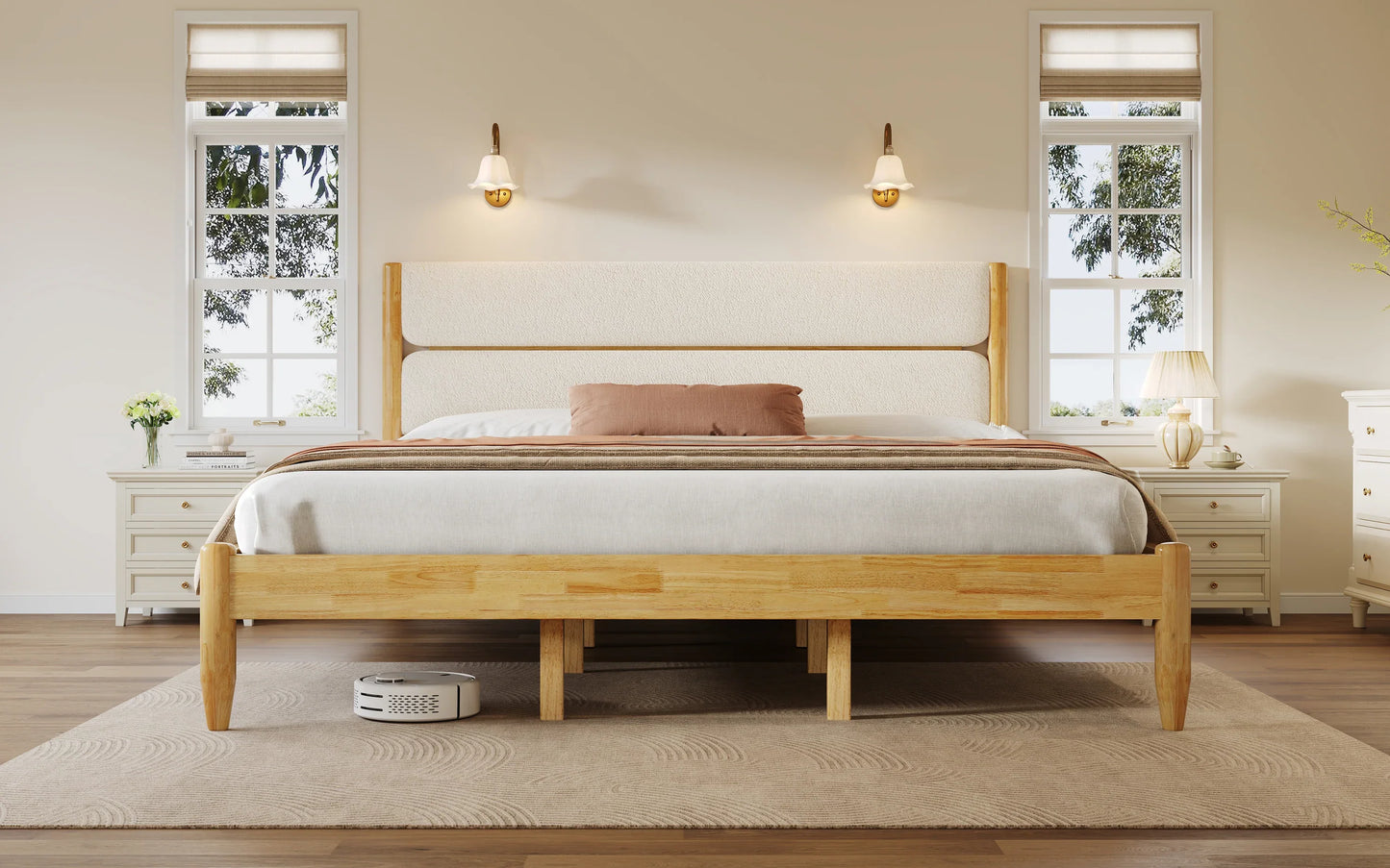 A symmetrical lifestyle view of a King Platform Bed featuring a plush ivory fleece headboard and a Durable Rubberwood Frame set in a bright, modern bedroom with matching nightstands.
