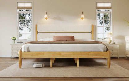 A symmetrical lifestyle view of a King Platform Bed featuring a plush ivory fleece headboard and a Durable Rubberwood Frame set in a bright, modern bedroom with matching nightstands.