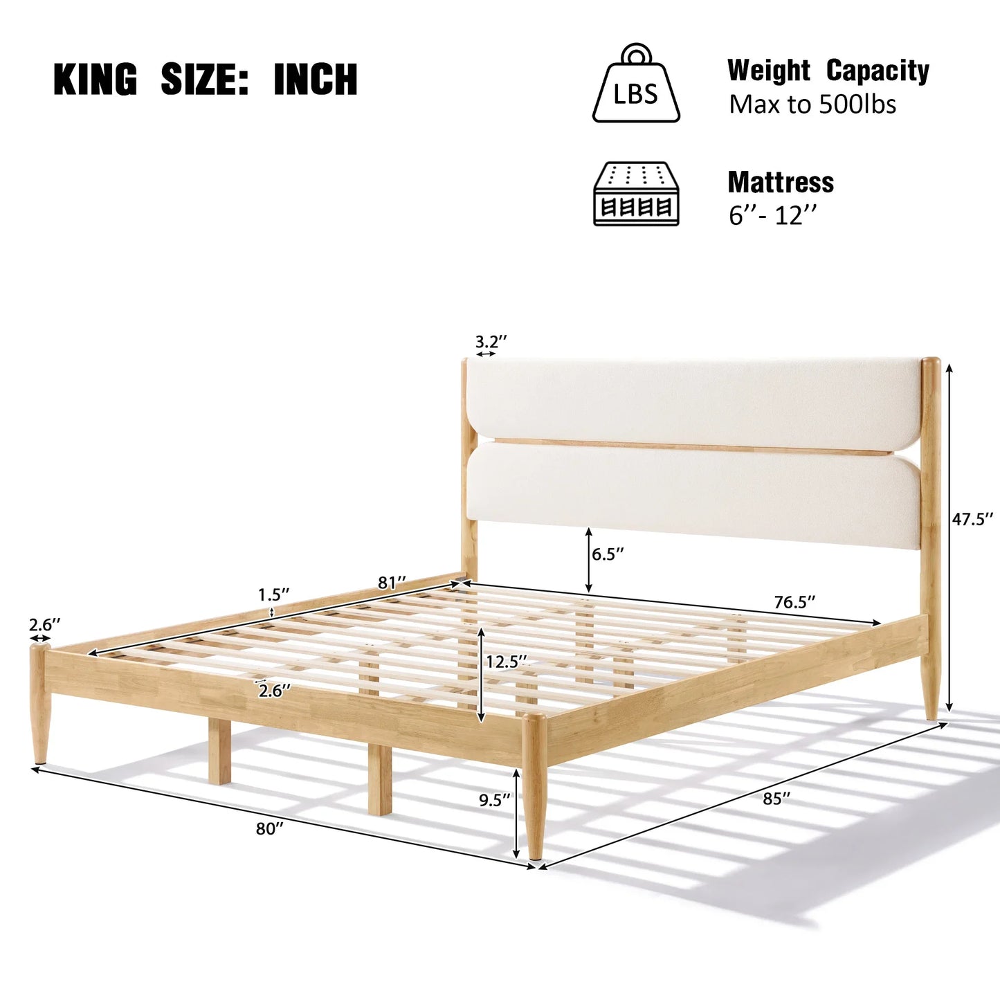 Technical diagram of a King Platform Bed showing a Durable Rubberwood Frame with detailed measurements, including an 80-inch width, 85-inch length, and a 47.5-inch high headboard.