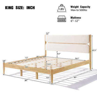 Technical diagram of a King Platform Bed showing a Durable Rubberwood Frame with detailed measurements, including an 80-inch width, 85-inch length, and a 47.5-inch high headboard.