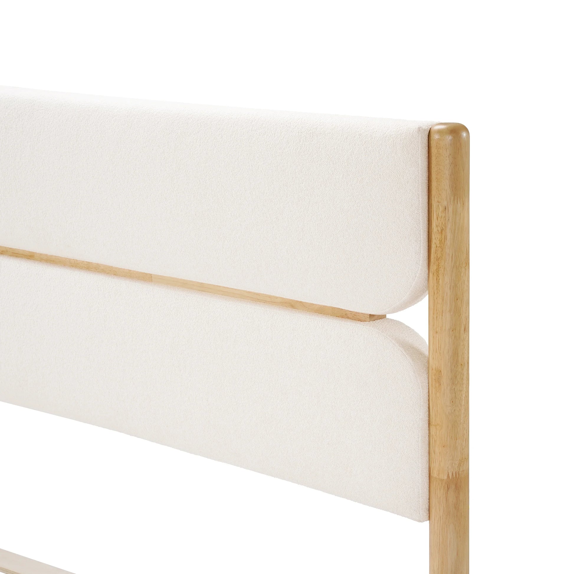  Close-up detail of the Ivory Fleece Furniture headboard on a King Platform Bed, showing the high-density foam padding and smooth solid wood support post.