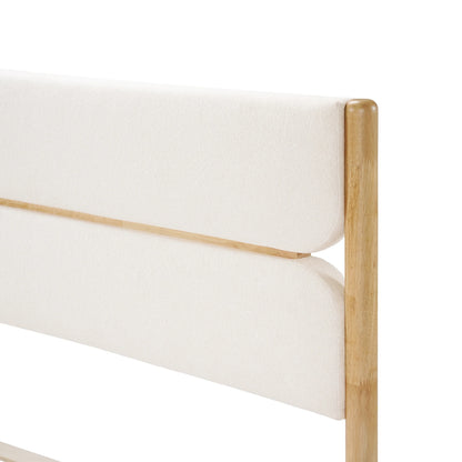  Close-up detail of the Ivory Fleece Furniture headboard on a King Platform Bed, showing the high-density foam padding and smooth solid wood support post.