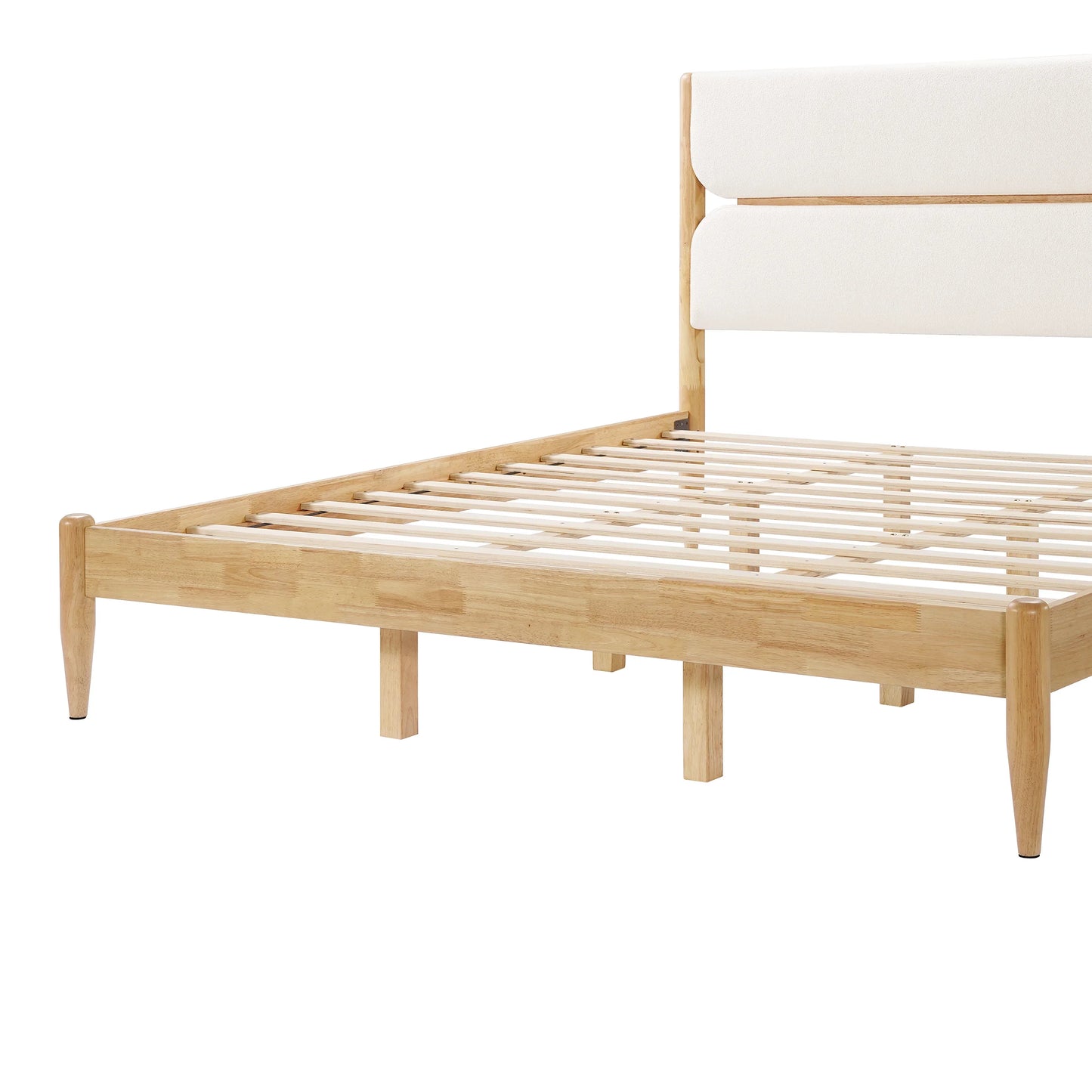  A side angle view of a King Platform Bed showcasing the light natural grain of the Durable Rubberwood Frame and reinforced slat foundation.