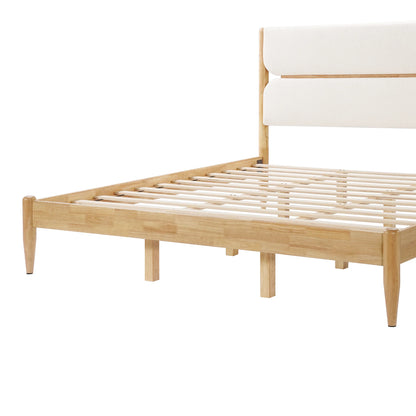  A side angle view of a King Platform Bed showcasing the light natural grain of the Durable Rubberwood Frame and reinforced slat foundation.