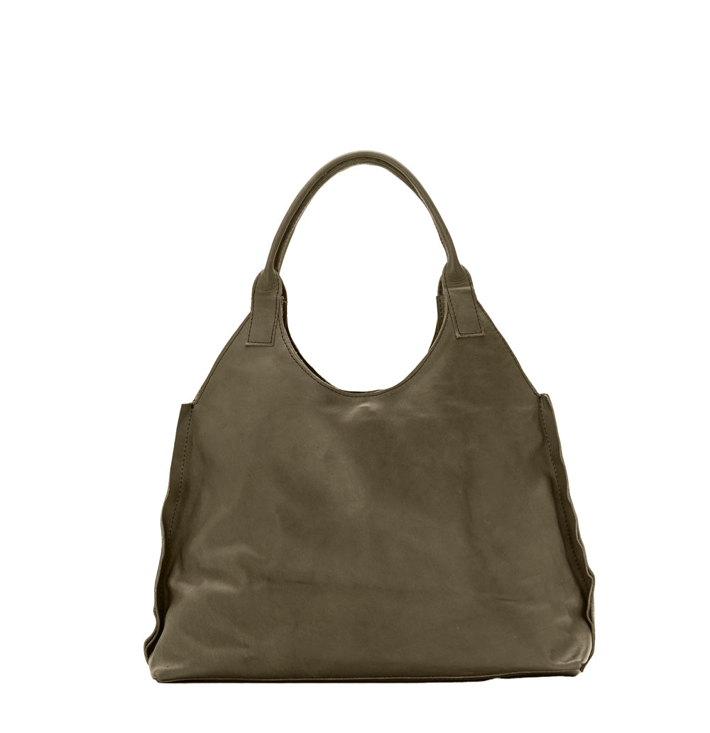 Lady Bird Tote Climbing Ivy natural leather rear view white background structured retro silhouette short top handles olive green

