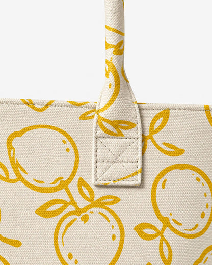 Lemone Tote Bag lemon print pattern detail on structured cotton exterior ochre and white