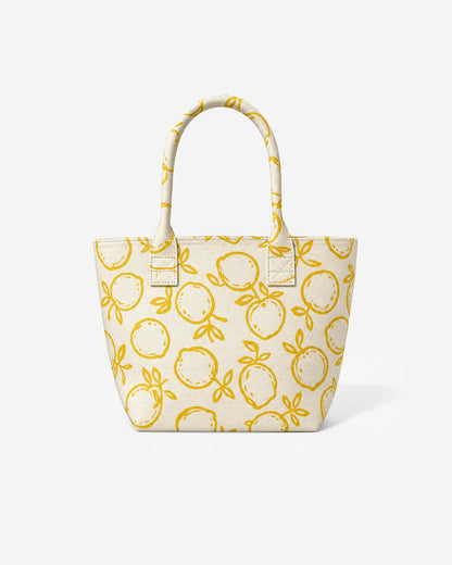 Lemone Tote Bag in ochre lemon print structured cotton with top handles and roomy silhouette