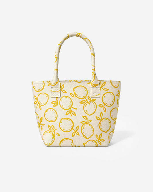 Lemone Tote Bag in ochre lemon print structured cotton with top handles and roomy silhouette
