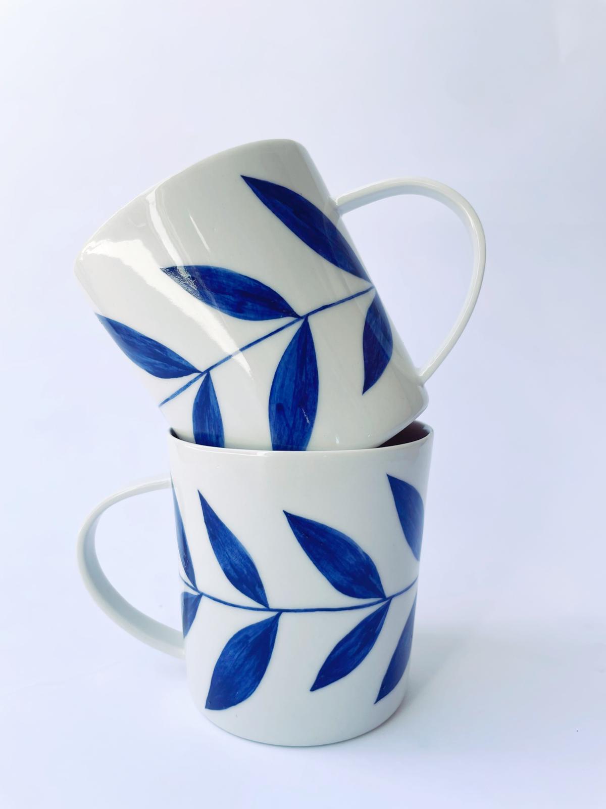Lhasa porcelain mug with blue botanical leaf glaze handcrafted Limoges porcelain set of two

