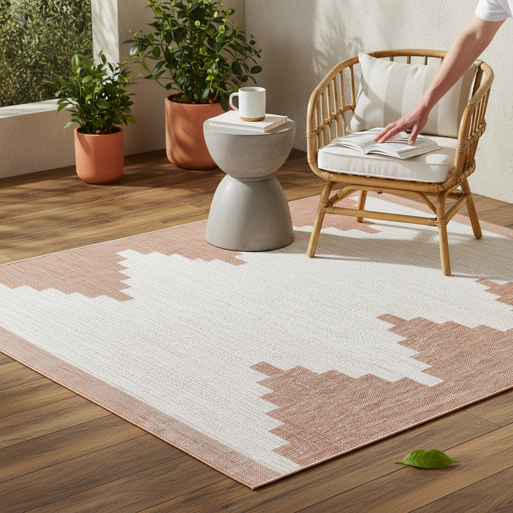 Hauteloom Djugun Peach Fuzz Aztec geometric rug on a wood patio with a rattan chair, side table, and plants.